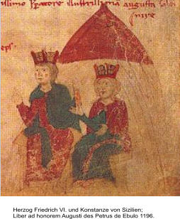 Herzog Friedrich VI. und Konstanze von Sizilien;  Liber ad honorem Augusti des Petrus de Ebulo 1196.