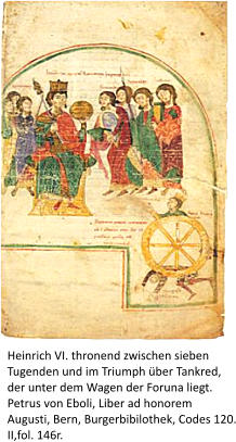 Heinrich VI. thronend zwischen sieben Tugenden und im Triumph über Tankred, der unter dem Wagen der Foruna liegt.  Petrus von Eboli, Liber ad honorem Augusti, Bern, Burgerbibilothek, Codes 120. II,fol. 146r.